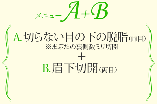 メニューA+B 切らない目の下の脱脂(両目)＋眉下切開(両目)