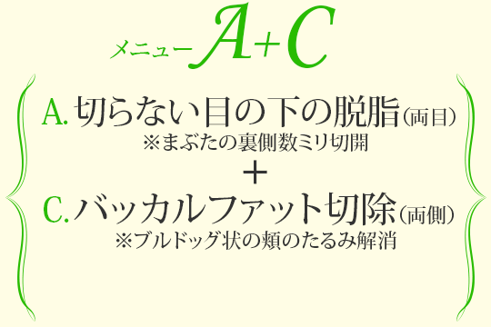 メニューA+C 切らない目の下の脱脂(両目)＋バッカルファット切除(両目)